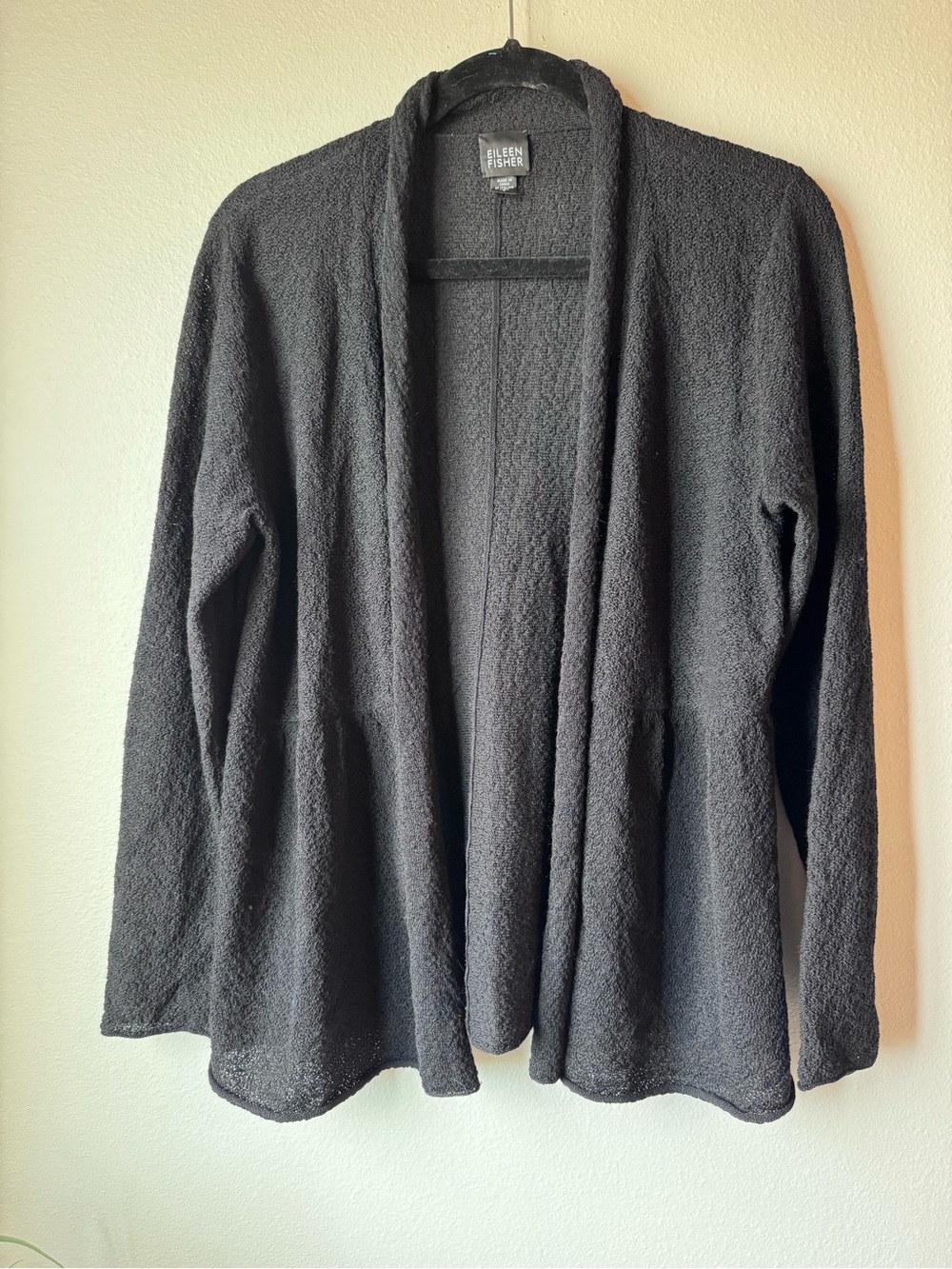 Eileen Fisher Black Open Drape Knit Cardigan 100% Wool